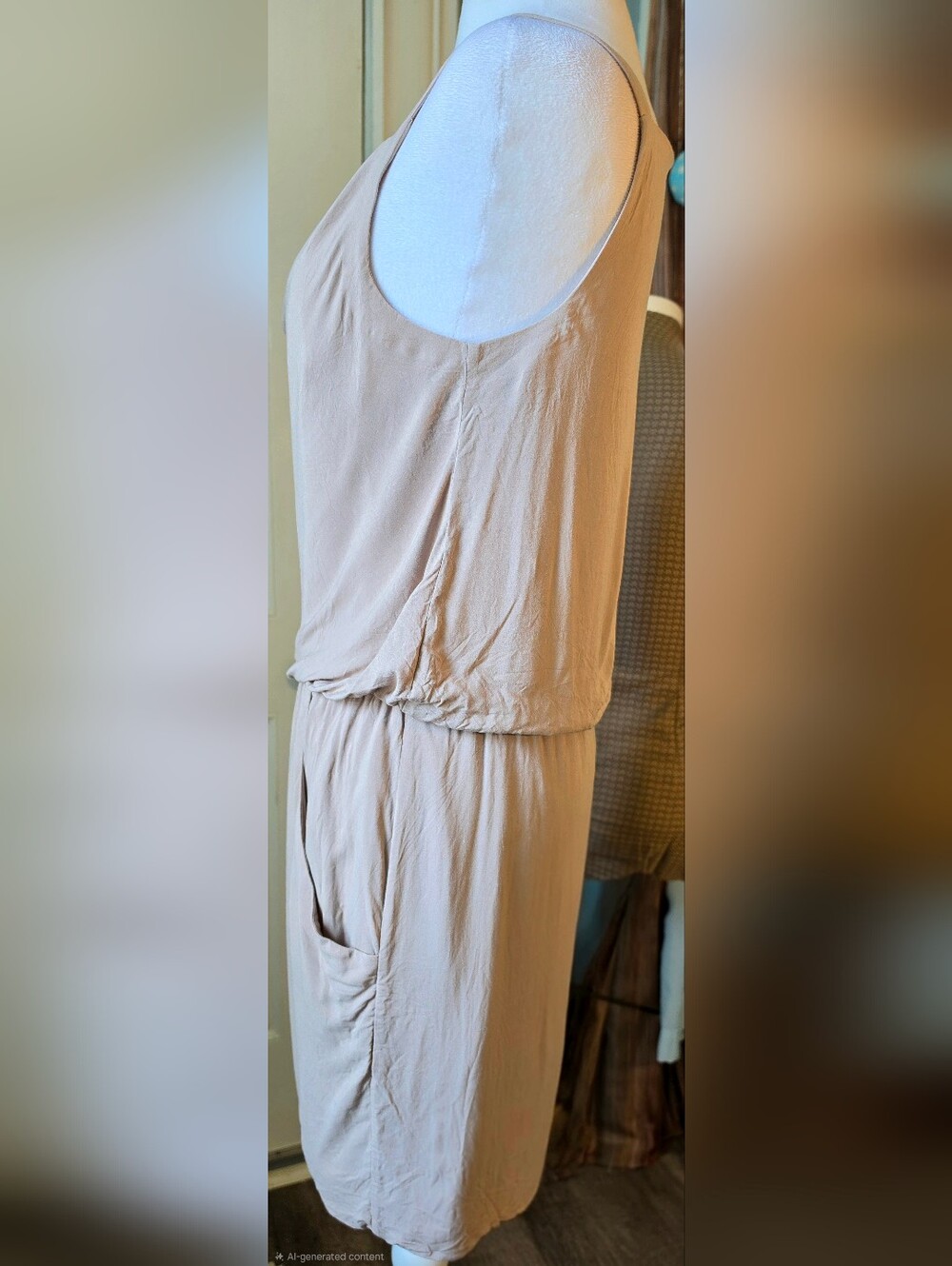 Theory Jaylyn Sleeveless Drape Neck Midi Dress Womens M Taupe Pockets Minimalist - Picture 3 of 11